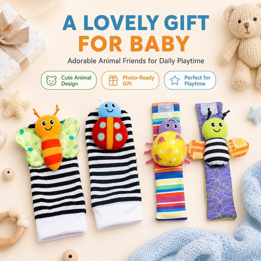 4pcs Infant Wrist Rattle & Socks Set, Cute Insect Design, Baby Shower Gift - Striped Socks 4-piece Set - View 1