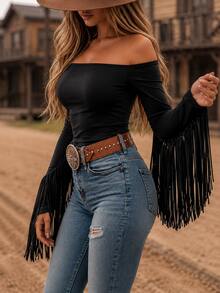 Women's Western Cowgirl Off-Shoulder Fringe Top, Sexy Slim Fit Long Sleeve, Soft Breathable Vintage For Festival Party & Daily Casual Wear - 黑色 - 查看 3