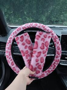 3PCS Leopard Print Fuzzy Car Steering Wheel Cover Set With 2 Seat Belt Shoulder Pads, Universal 15 Inch Winter Warm Ultra-Soft Plush Steering Wheel Protector, Non-Slip Easy Install Fashion Cute Car Interior Decor Accessories For Women Girls, 7 Colors Optional - Leopard - View 7