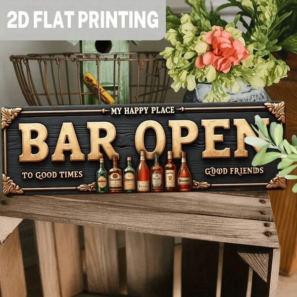 [Rustic Bar Open Wooden Sign] 2D Flat, 1pc Rustic "BAR OPEN" Aluminum Sign With Liquor Bottles - Vintage Style Wall Decor- Metal Wall Art, Tin Signs, Vintage Metal Signs, Retro Wall Decor, Rustic Metal Art, Cool Metal Signs, Man Cave Decor, Garage Signs, Classic Metal Art, Unique Wall Art , Room Decor, Bathroom Deccor, Posters, Mother's Day, Father's Day, Children's Day, 250th, World Cup