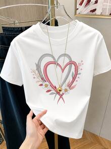 Playera Casual para Mujer con Estampado Floral y Doble Corazón, Manga Corta, Cuello Redondo, Camiseta de Algodón Suave - Blanco - Ver 1
