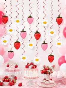 24pcs/2set-Strawberry Daisy Baby Shower Hanging Spiral Decoration, Berry Sweet One Year Old Theme Garland Set, Sweet Girl Newborn Baby Baptism Ceremony 1st Birthday Party Supplies, Red Pink Fruit Baby Wall Hanging Decoration, Strawberry Theme Party Decoration, Summer Theme Baby Shower Garland - Multicolor - View 6