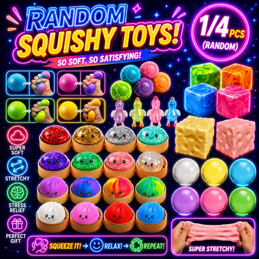1/4PCS Random Color & Style Squishy Stress Relief Toys Set, Soft Slow Rising Stretchy Fidget Sensory Toy Bundle For Kids & Adults, Cute Desk Toys Party Gift - 彩色 - 查看 1