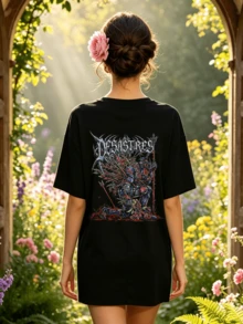 Women's Summer Casual Soft Round Neck Short Sleeve T-Shirt,Gothic Knight Print Graphic Suitable For Spring And Summer Outfits. - 黑色 - 查看 4