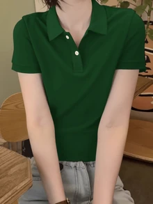 女款大尺碼經典 Polo 衫 素色短袖修身休閒日常基礎 T-shirt 上衣 - 墨綠色 - 查看 2