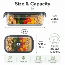 Stozle 1040ml 2-Pack High Transparent Glass Refrigerator Storage Boxes, Stackable Space-Saving Food Containers With Lids, Airtight Leak-Proof Odor-Proof Fresh-Keeping Boxes, Back-To-School Lunch Boxes, High Temperature Resistant, Microwave & Dishwasher  Convenient Set - 查看 2