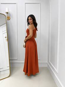 Women's Long Dress With Thin Straps And Bow, Elegant, Chic Party, Wedding, Graduation, Modest Fashion, Padded Bra, Size 3. - 亮橙色 - 查看 2