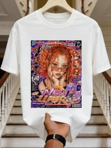 Camicia casual estiva da uomo con collo rotondo morbido e maniche corte, stampa grafica Y2K da rivista, abbigliamento primavera ed estate. Nero - Bianco - Visualizzare 5