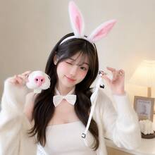 3PCS White And Pink Rabbit Costume Accessory Set, Rabbit Nose Mask, Plush Rabbit Ear Headband And Bow Tie Collar, Cute Animal Cosplay Outfit For Easter, Halloween, Holiday Party, Anime Convention, Kawaii Animal Core Fashion - Multicolor - View 2