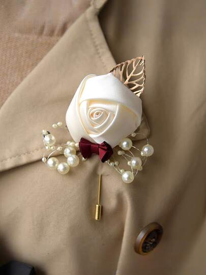 1 pieza Elegante Boutonniere de Rosa Artificial para Novio de Boda, Fiesta de Boda de Novia, Novio, Padrinos, Invitados, Color Crema, Suministros de Boda