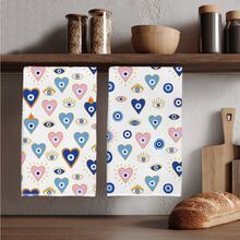 2pcs Minimalist Colorful Heart & Evil Eye Pattern Kitchen Towels, Soft Polyester Material Dish Cloths, Suitable For Kitchen Decor, Cleaning, Holiday Party Decoration, Kitchen & Bathroom Essentials, Home Decor, Housewarming Gift - Multicolor - View 1