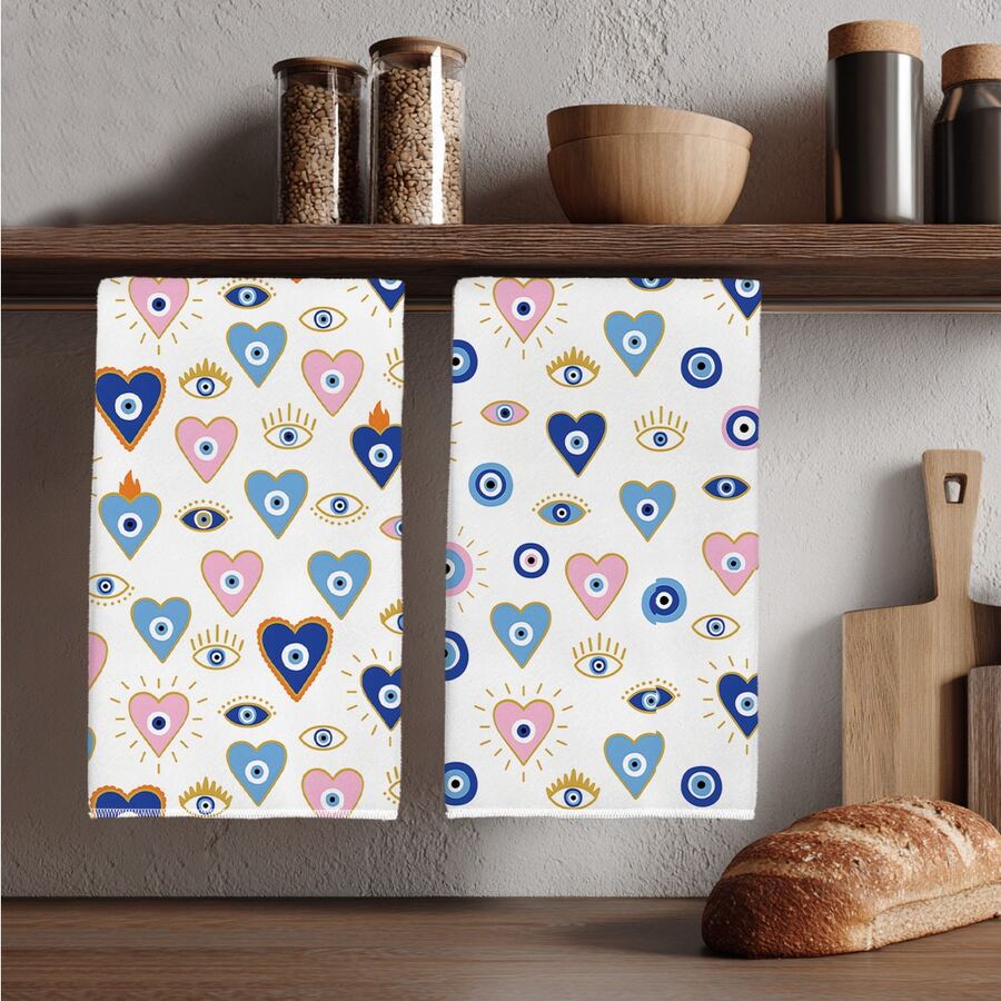 2pcs Minimalist Colorful Heart & Evil Eye Pattern Kitchen Towels, Soft Polyester Material Dish Cloths, Suitable For Kitchen Decor, Cleaning, Holiday Party Decoration, Kitchen & Bathroom Essentials, Home Decor, Housewarming Gift - Multicolor - View 1