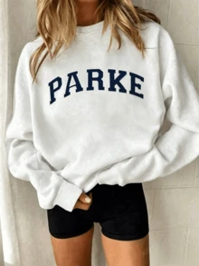 1PCSWomen's Casual "PARKE" Letter Print Loose Pullover Sweatshirt, Encountering Lazy Fashion.-Premium Cotton Graphic Printed Round Neck T-Shirts-365TValentine Gift - White - View 2