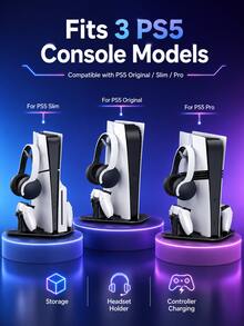 Soporte de almacenamiento y carga multifuncional para P5 Original/Slim/Pro, base de carga dual para controladores, colgador de auriculares, soporte vertical para consola, organizador de accesorios de juego, ahorro de espacio, colocación estable, adecuado para jugadores de P5 - Multicolor - Ver 2