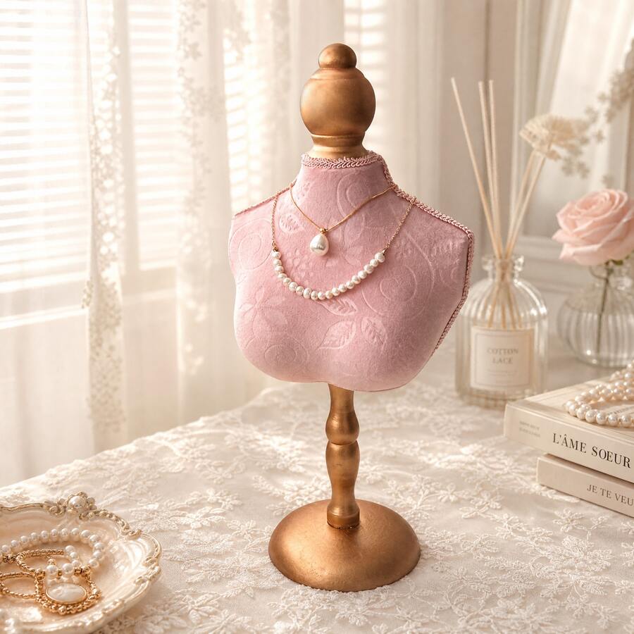 1pc Elegant Velvet Jewelry Display Stand, Gold Base - Floral Pattern, Desktop Organizer Tray, Ideal For Necklaces, Bracelets And Accessories, Retail Or Home Decor, Necklace Holder | Floral Pattern Stand | Wooden Base, Sturdy And Durable,Room Decor