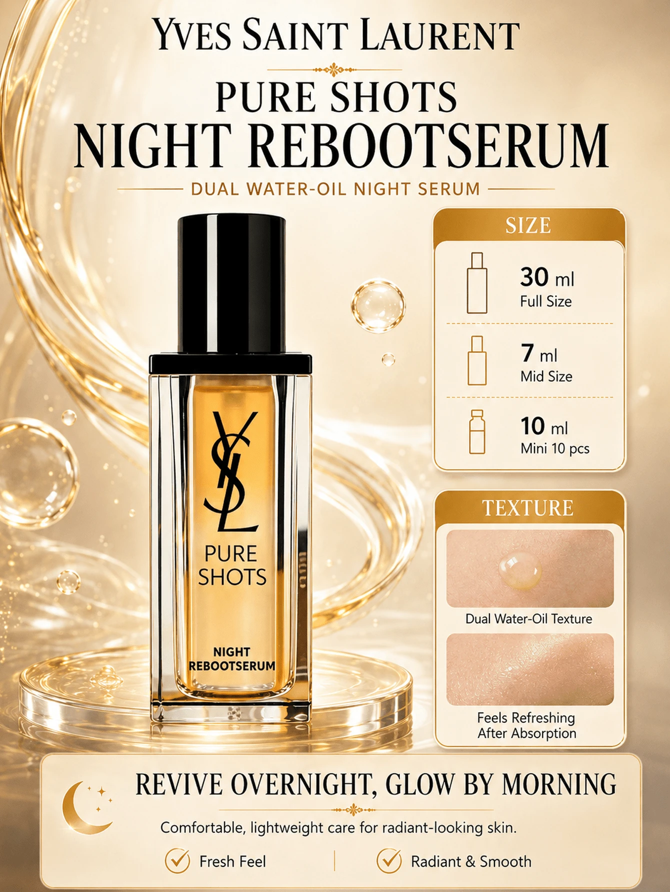 Tinh chất dưỡng da ban đêm YSL Pure Shots Night Reboot Serum, 30ml (dung tích lớn) / 7ml (dung tích du lịch) / 10 chai mini 1ml, kết cấu dầu-nước kép, thấm nhanh, ổn định và tái tạo da, làm sáng và tăng cường độ rạng rỡ, dưỡng ẩm sâu, phục hồi hàng rào bảo vệ da, cải thiện tình trạng da xỉn màu, kết cấu nhẹ không nhờn rít, phù hợp với mọi loại da, đặc biệt là da xỉn màu, nhạy cảm và hỗn hợp. Sử dụng ban đêm và hàng ngày, quà tặng ngày lễ Giáng sinh, Valentine.
