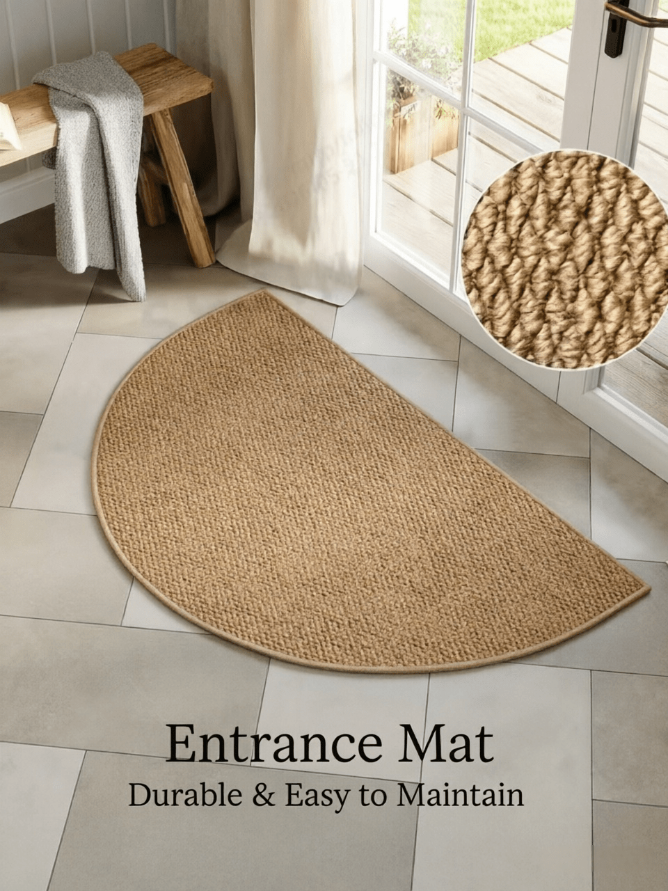 Thảm chùi chân nửa tròn, chất liệu giống sợi sisal bền bỉ, chống trượt, chống trầy xước, phù hợp cho lối vào, nhà bếp, phòng tắm. Thảm lối vào nửa tròn phong cách Bắc Âu, kết cấu dệt, thấm nước, nhanh khô, thảm chống trượt thân thiện với thú cưng. Thảm chùi chân nửa tròn, chất liệu giống sợi sisal, bền bỉ, không phai màu, thảm lối vào chống trượt, thảm bẫy bụi dễ vệ sinh
