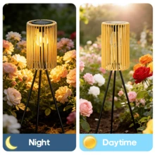 1 pieza Luz solar de piso con trípode para exteriores, luz solar de ratán, luz de porche con altura ajustable, luz de ambiente para patio, camping y fiestas, luz de decoración estilo rural para interiores y exteriores, adecuada para patio, terraza, jardín y decoración de porche - energía solar - Ver 7