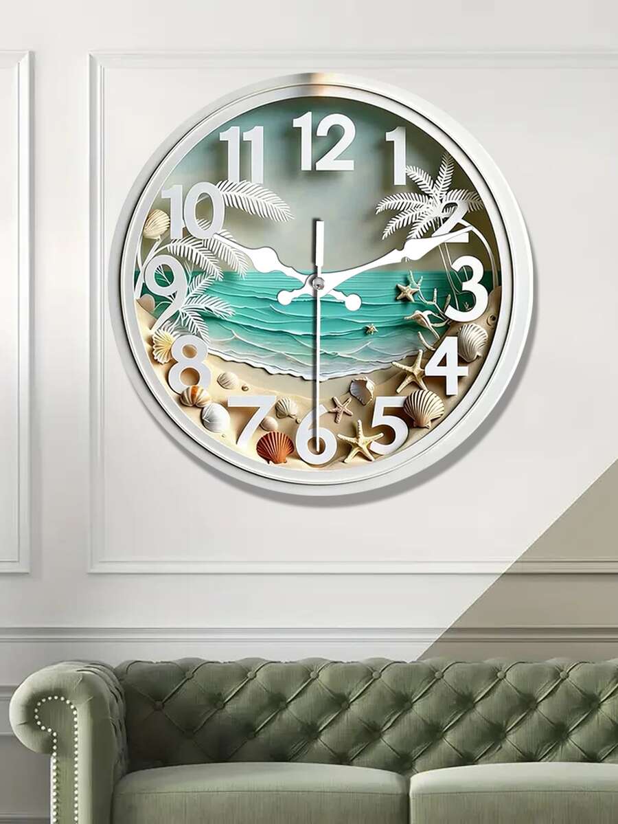 1pc Ocean Themed Silent Wall Clock, Designed With Seaside Theme, Suitable For Summer Or Coastal Decor - Multicolor - View 1