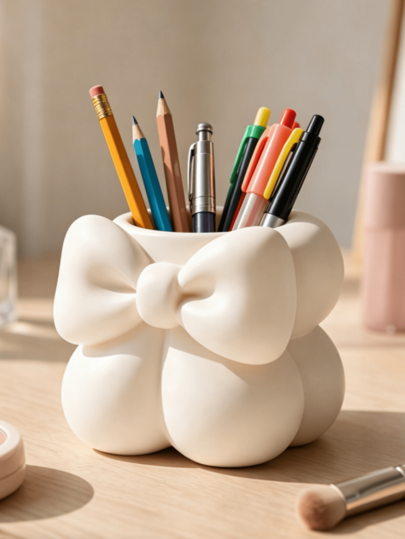 1 pieza Soporte para bolígrafos con forma de lazo, Cubo de almacenamiento multifunción impreso en 3D, Organizador de escritorio de oficina en el hogar para artículos de papelería, Almacenamiento de brochas de maquillaje, lápices, bolígrafos, Taza para bolígrafos linda y de alta calidad, Esencial para volver a la escuela