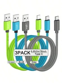 3条装 USB-A 转 USB-C 快速充电数据线 [1米/2米/3米] 尼龙编织 Type-C 同步线。兼容三星 Galaxy A14 5G/A13/A54/A53/A23/A24/A03s/S23/S22 Ultra/S21/S20；也兼容 16/15 系列和各种安卓智能手机。适用于 Type-C 充电器。 - 彩色 - 查看 42