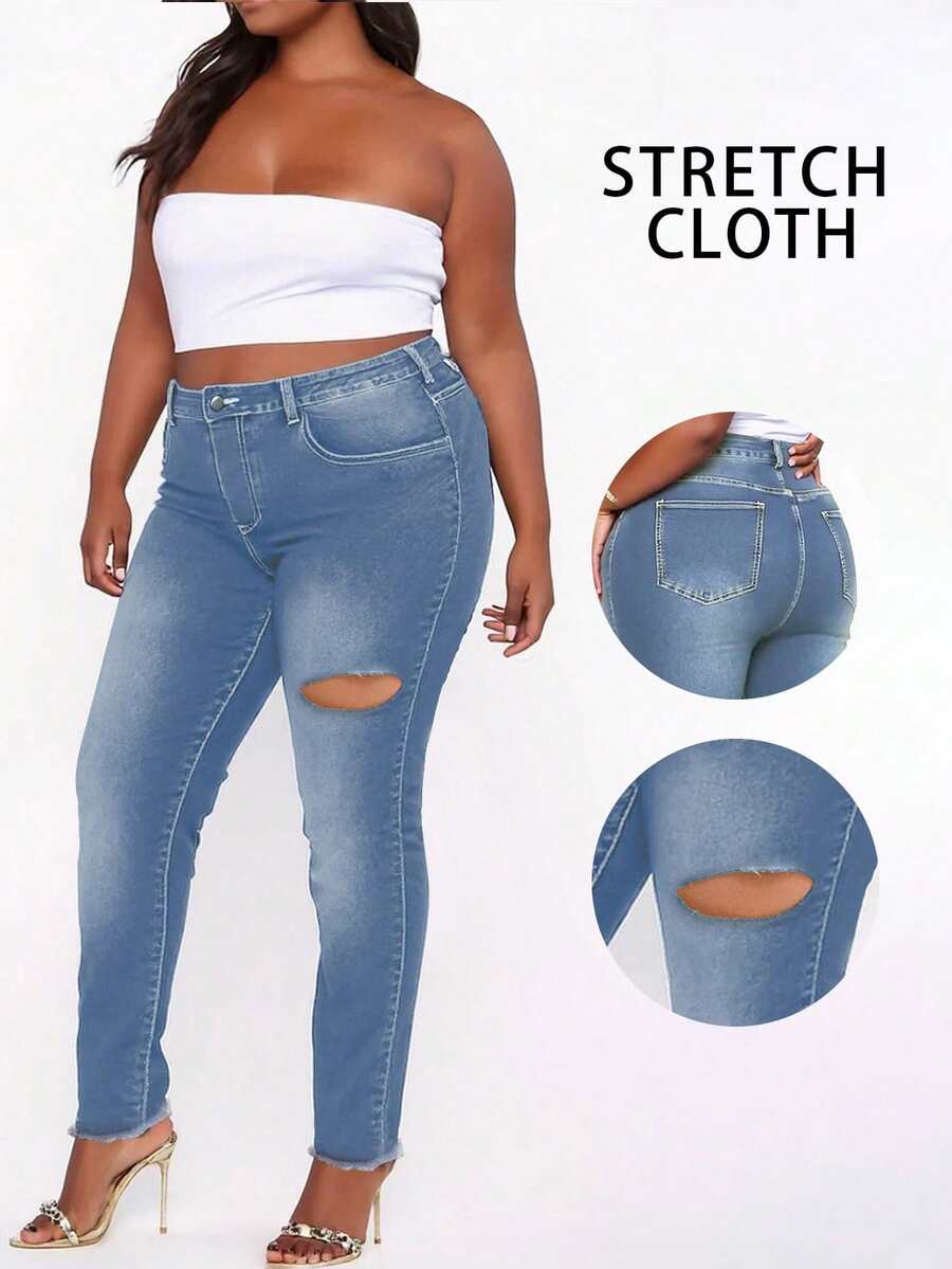 Women's Y2K Casual Skinny Oversized Jeans With Ripped Decorations, Suitable For All Seasons, Perfect For Daily Outings, Parties, And Dating. - 藍色 - 查看 1
