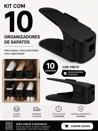 Kit 10 Organizadores de Sapatos Preto com Regulagem de Altura