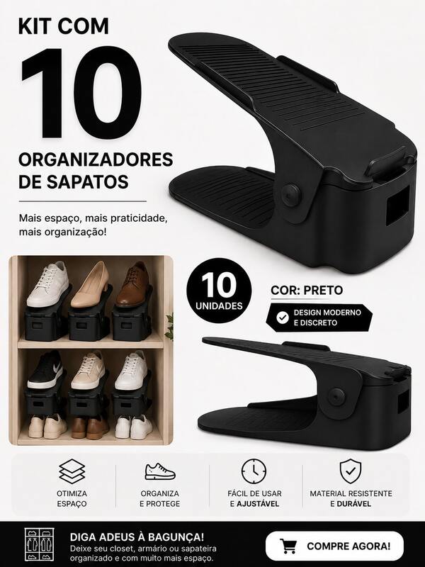 Kit 10 Organizadores de Sapatos Preto com Regulagem de Altura