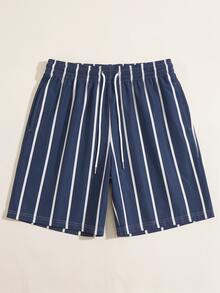Men's Striped Casual Beach Shorts With Drawstring, Summer - Navy Blue - View 4