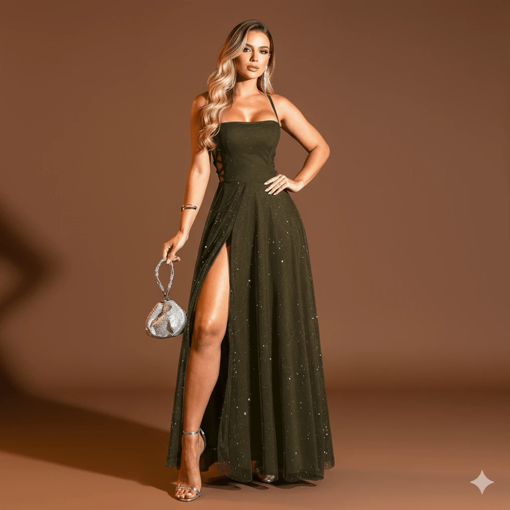 Gabi Dress With Sparkling Tulle And Crossed Side Detail - Moss Green - View 1