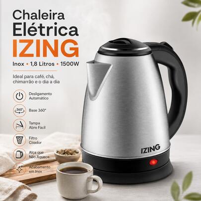 Chaleira Elétrica Inox Jarra Desligamento Automático Aquecimento Rápido Chá e Café Térmica 1,8L 220 e 110v