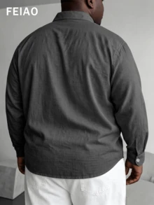 FEIAO 男士復古「老錢風」100%純棉亞麻質感鈕扣長袖襯衫，適合四季穿著 - 灰色 - 查看 2