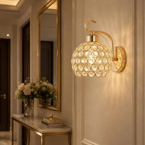 1/2pcs Luxury Spherical Crystal Wall Lamp, E27 Socket, Gold Modern Bedroom Bedside Lamp, Living Room Corridor Decor Wall Light (Bulb Not Included)