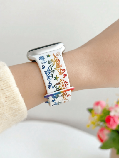 1條海洋鯊魚圖案彩虹矽膠錶帶，適用於 38mm、40mm、41mm、42mm、44mm、45mm、49mm (S10 42mm) (S10 46mm)，時尚柔軟運動錶帶女款，適合 女款錶帶 Series 11-1，完美搭配穿搭、日常佩戴與度假