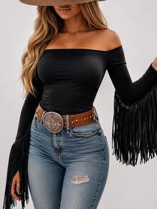 Women's Western Cowgirl Off-Shoulder Fringe Top, Sexy Slim Fit Long Sleeve, Soft Breathable Vintage For Festival Party & Daily Casual Wear - 黑色 - 查看 2