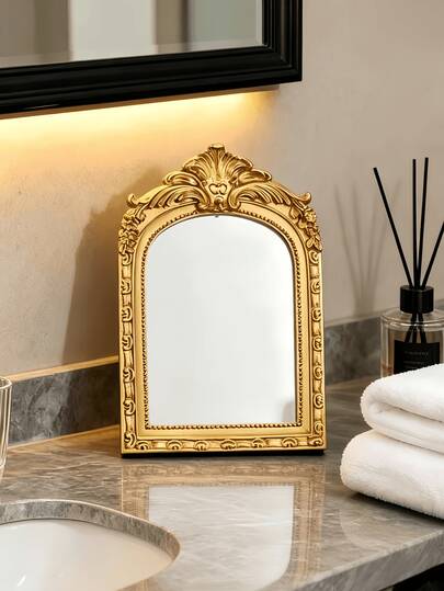 Small Gold Vintage Vanity Mirror, Antique Decorative Wall Mirror, Resin Carved Arched Tabletop Mirror With Stand, Suitable For Living Room, Bedroom Vanity, Desktop Decor