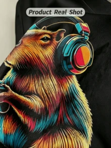 Herren Sommer Lässig Weiches Rundhals Kurzarm-Shirt, Gaming Capybara Muster Grafik Frühling und Sommer Kleidung. Weiß - Schwarz - Übersicht 3