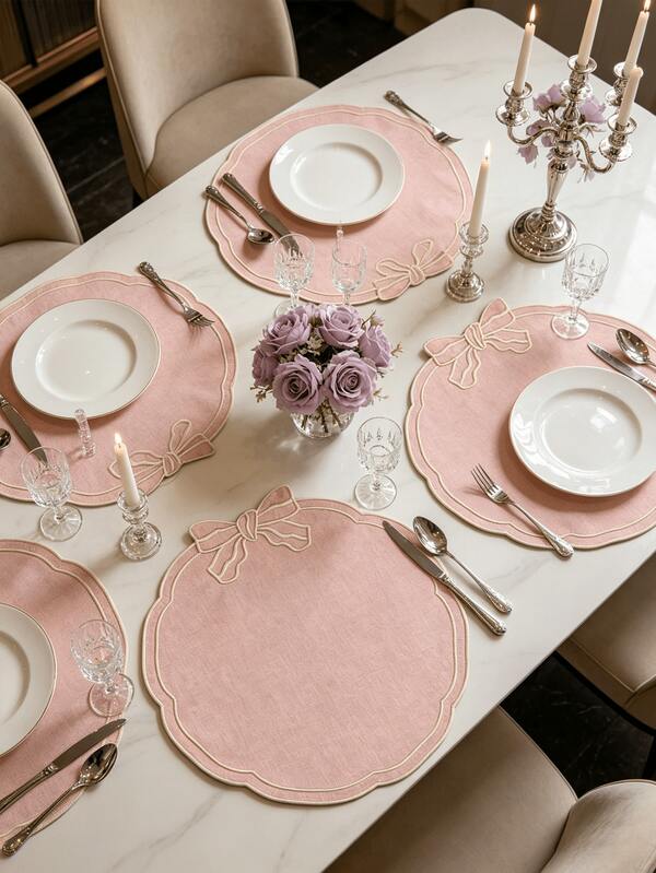38cm Double Layer Bow Embroidery Placemat, French Romantic Style Fabric Placemat, Wedding Table / Birthday Party / Afternoon Tea Scene Decoration Mat / Wedding Banquet Western Cuisine Heat-Insulating Anti-Scald Table Mat / Anti-Slip Easy To Clean Wedding Table Decoration Mat /