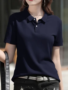 女款大尺碼經典 Polo 衫 素色短袖修身休閒日常基本款 T-shirt 上衣 運動夏季 - 藏蓝色 - 查看 5