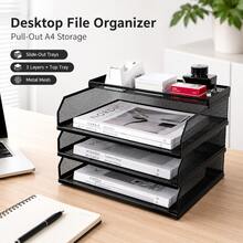 Metal Desktop File Tray, Retractable, A4 Size, Multi-Layer Mesh Document Organizer Rack For Office - Rectangle - View 1