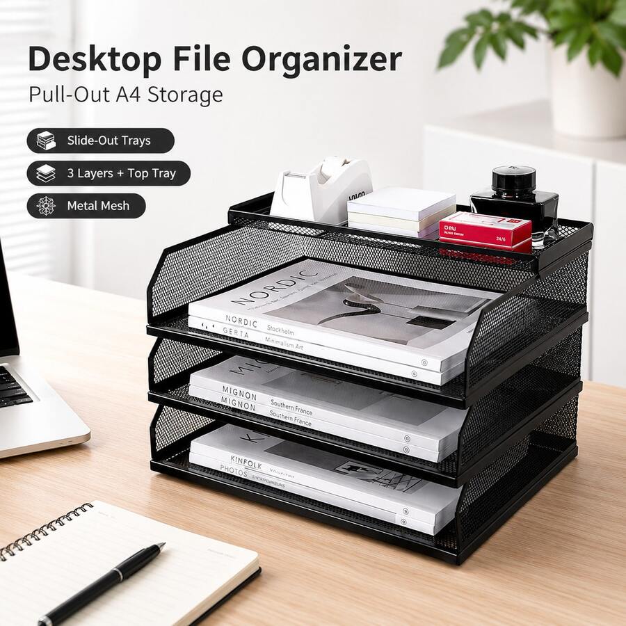 Metal Desktop File Tray, Retractable, A4 Size, Multi-Layer Mesh Document Organizer Rack For Office - Rectangle - View 1