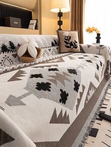 1pc All-Season Bohemian Non-Slip Sofa Cover, High-Weight Chenille Material, Premium Geometric Pattern Sofa Throw, Pet-Friendly Machine Washable Sofa Protector, Tassel Trim Vacation Blanket, Suitable For 1/2/3/4 Seater And Sectional Sofas, Perfect For Living Room Bedroom Sofa Decor, Home Decor Supplies - Chocolate Brown - View 10