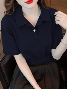 女款大尺碼經典 Polo 衫 素色短袖修身休閒日常基本款 T-shirt 上衣 運動夏季 - 藏蓝色 - 查看 4