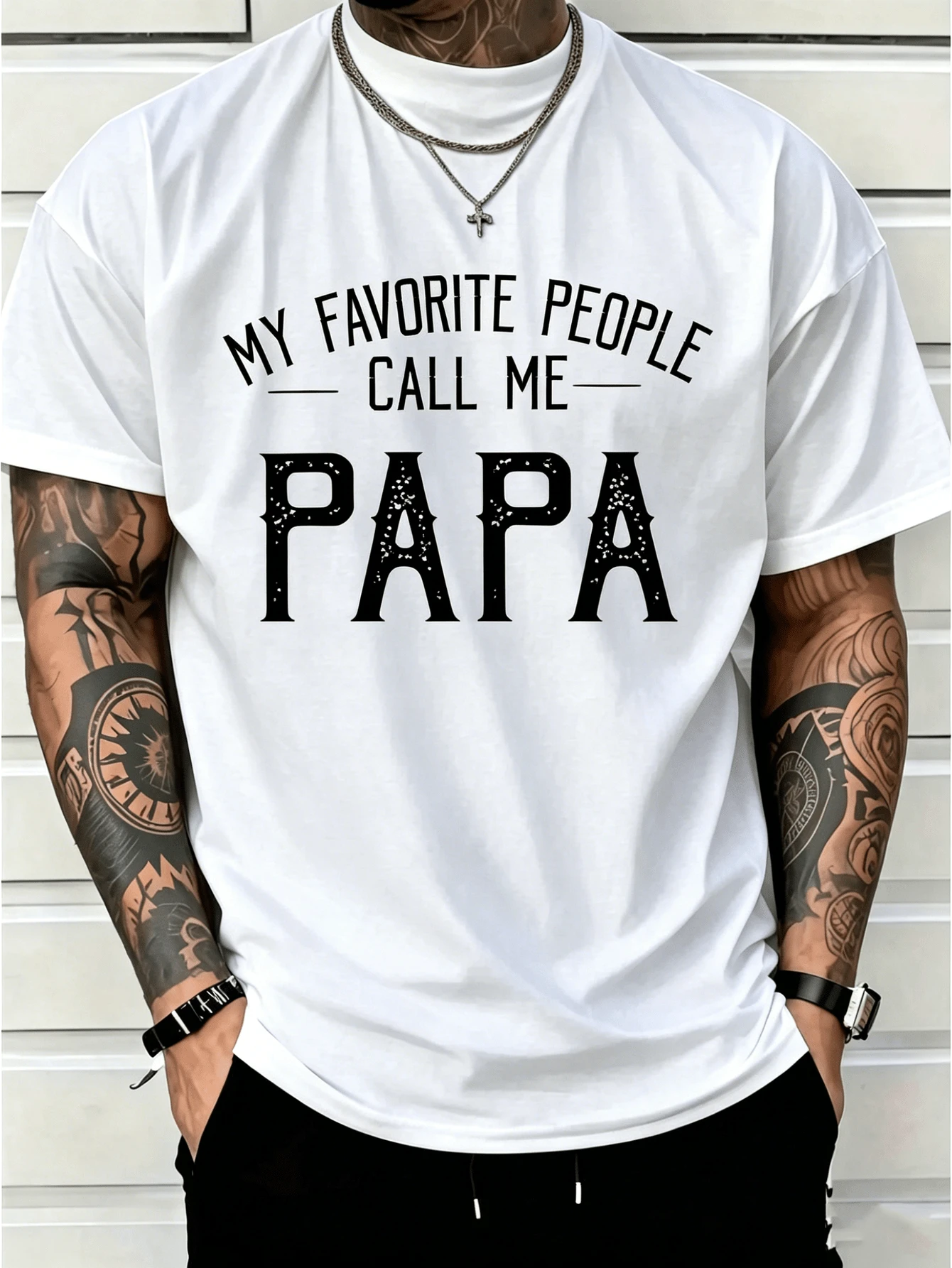 1 Pc Men's Clothing Papa Printed Black Tshirt, Graphic Tee, Summer Tops, Shirt, Unisex Casual Crew Neck Tshirt, Plus Size Men's 5XL, Lightweight 220 G/M² Knitted Fabric, Machine Washable, Suitable For Spring/Summer/Autumn Wear Father's Day, Christmas, Thanksgiving - 白色 - 查看 1