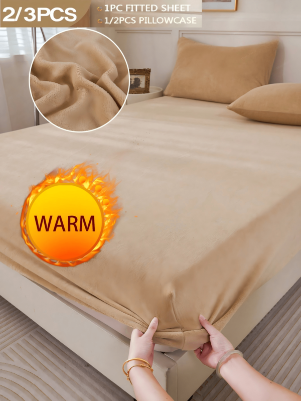 2/3 pièces Ensemble de draps ajustés en velours de chameau, doux et moelleux, ensemble de couvre-lit, draps ajustés King Queen Full Twin, super doux et confortables, avec poche profonde de 11,8", automne hiver printemps, 1 drap ajusté + 1/2 pièces taies d'oreiller, ensemble de literie pour la rentrée scolaire et le dortoir