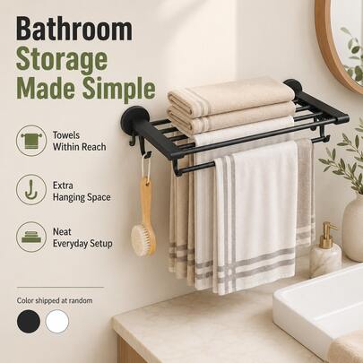 Wall-Mounted Folding Towel Rack - Drill-Free PP Material Bathroom Storage Shelf With Hooks And Drying Bar