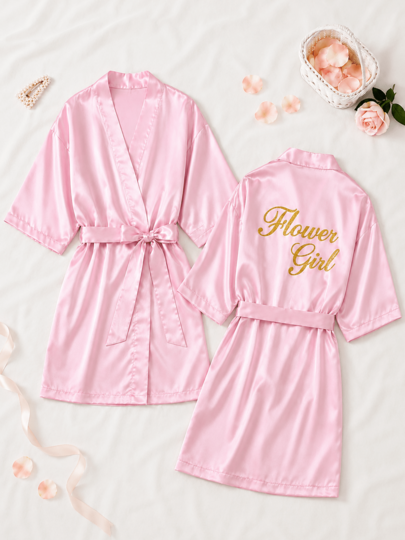 1pc Girls' Metallic Floral Flower Girl Robe, 3/4 Sleeve Lightweight Bathrobe, Solid Color Girls' Robe, Japanese Style Pool Yukata, Birthday Gift, Party Costume