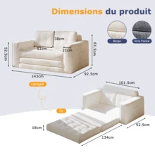 2-Seater Corduroy Modular Foam Sofa Bed, 143x92x61 Cm, Convertible Sleeper Sofa With 2 Cushions, Vacuum Packed - Beige - View 10