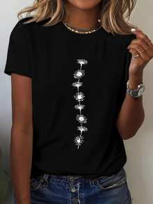 Round-Neck Short-Sleeve T-Shirt With Sunflower Pattern, Casual Top For Women, Suitable For Spring And Summer - Black - View 1