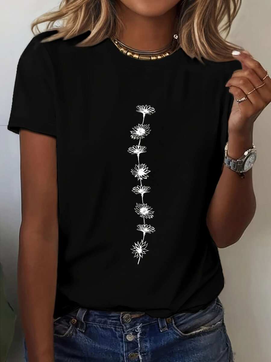 Round-Neck Short-Sleeve T-Shirt With Sunflower Pattern, Casual Top For Women, Suitable For Spring And Summer - Black - View 1